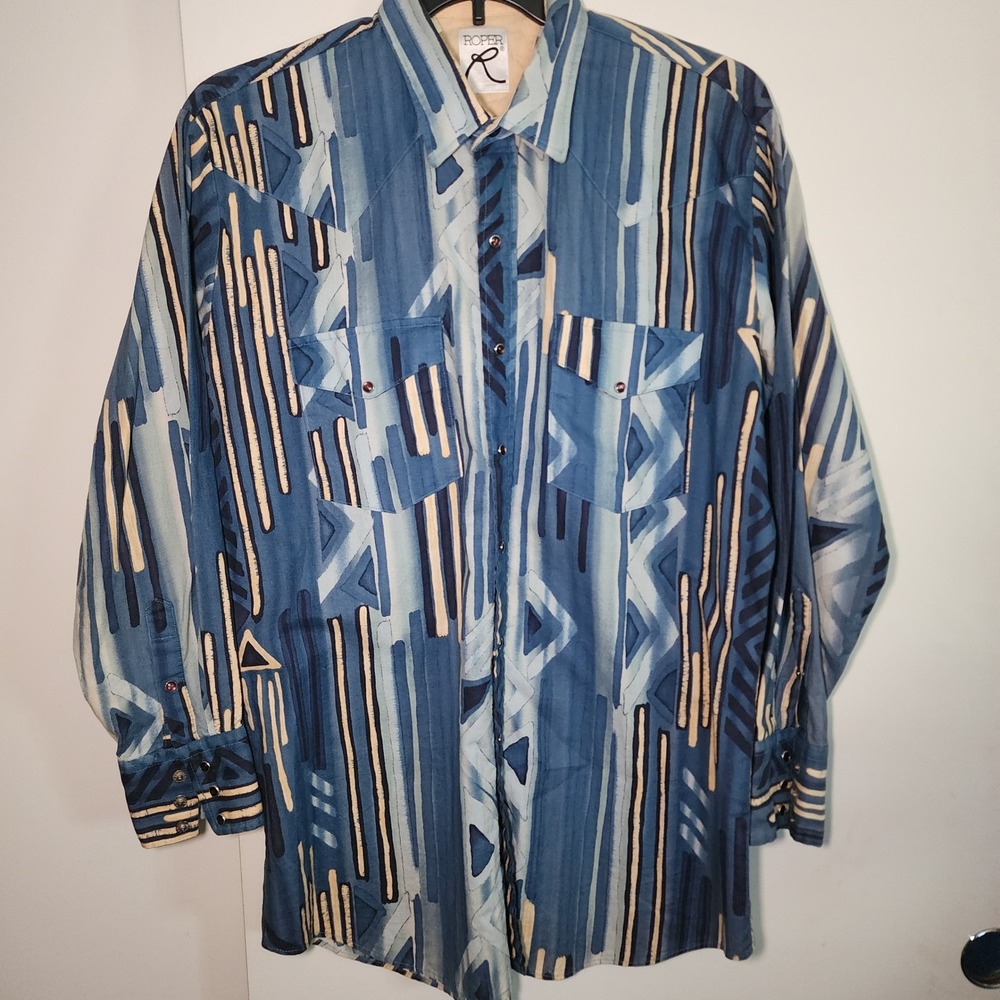 Roper Western Shirt Mens XL Blue Geometric Tribal Pearl Snap Long Sleeve Vintage
